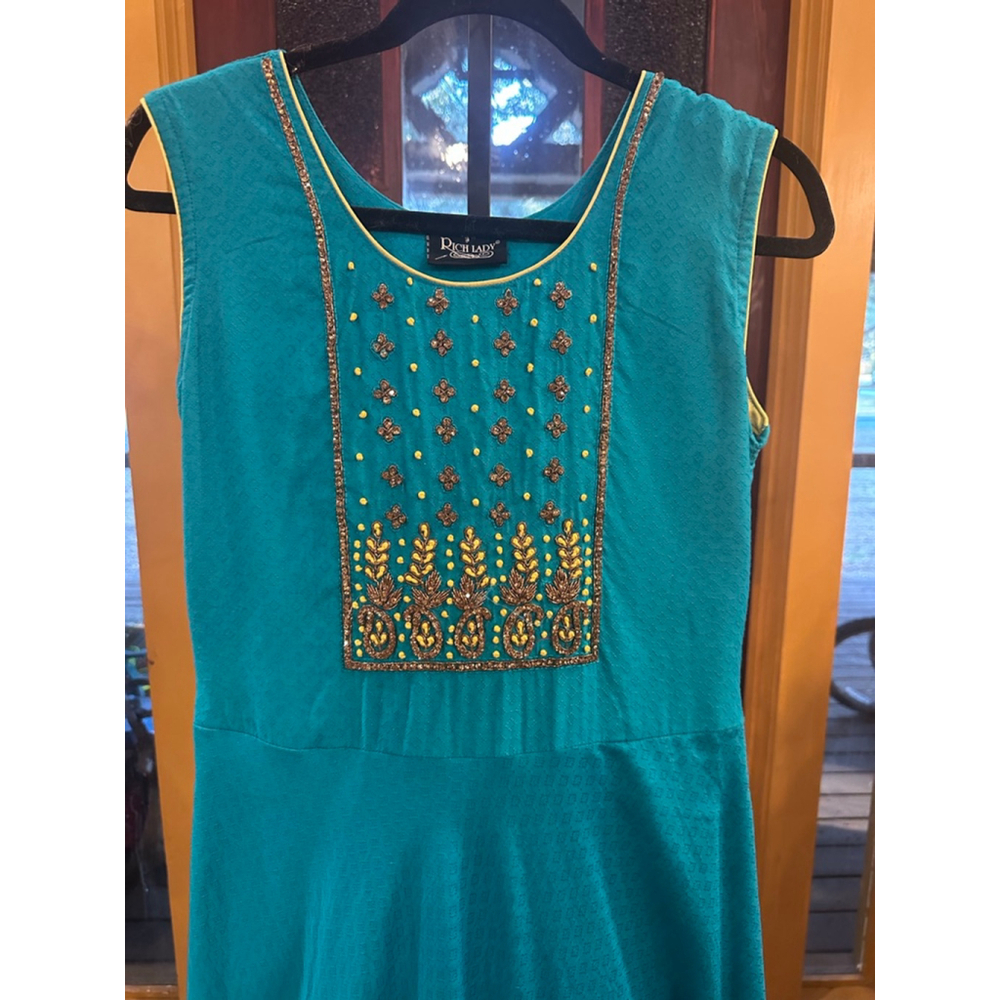Rich Lady Anarkali Maxi Dress Turquoise Beaded Gown Large - Picture 3 of 8